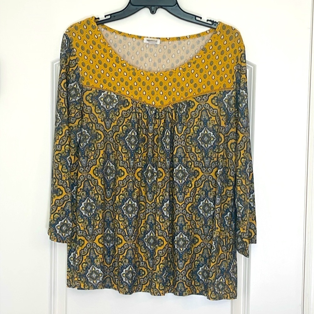 Westport Yellow Paisley Short Sleeve Shirt Size L